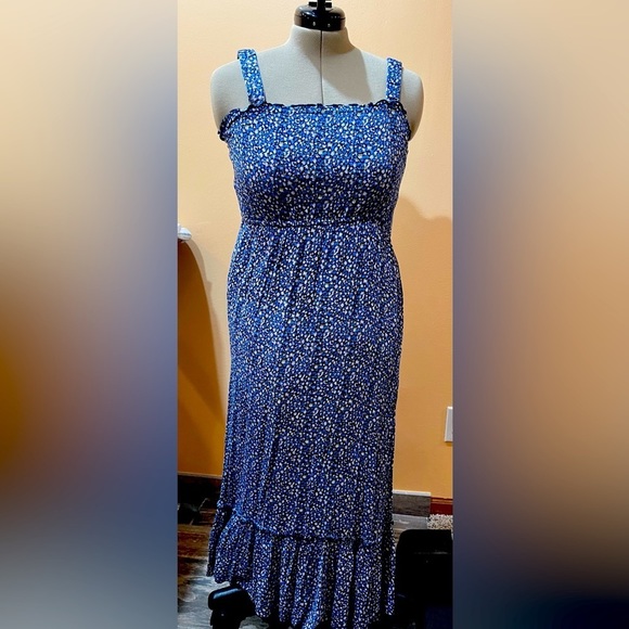 chinese dress ladies Blue Tropical Print Linen Blend Maxi Dress - All Dresses